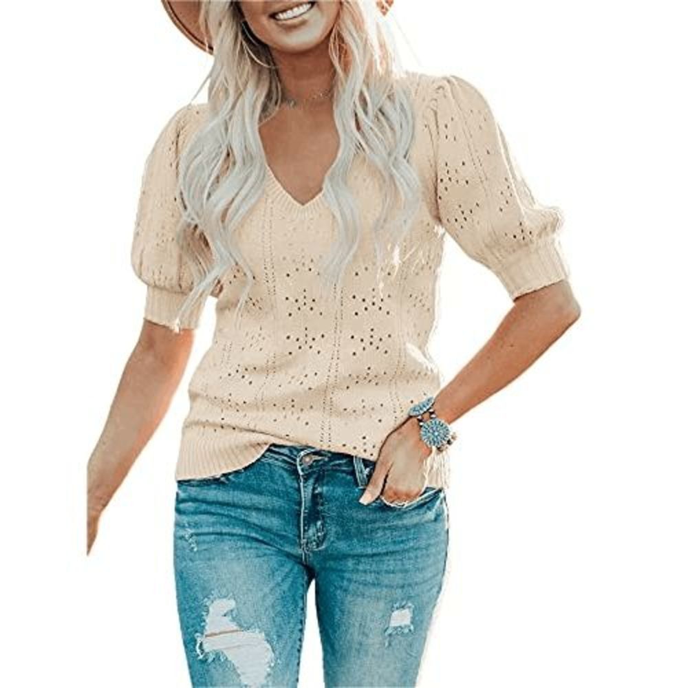 Womens Cute Short Puff Sleeve Sweater
